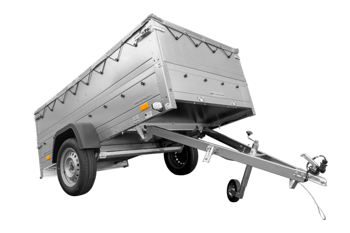 Remolque grande de 230 x 125 cm con lona plana gris, elevadores de los laterales y rueda de apoyo – Garden Trailer 230 Kipp - Imagen de 3