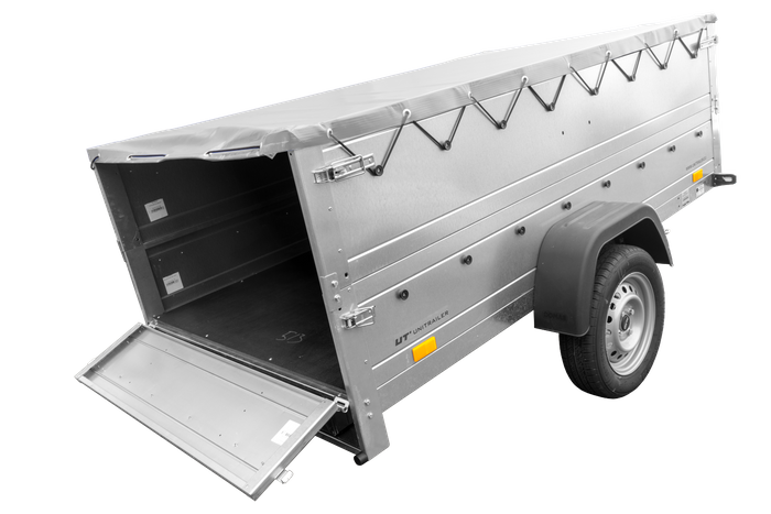 Remolque grande de 230 x 125 cm con lona plana gris, elevadores de los laterales y rueda de apoyo – Garden Trailer 230 Kipp
